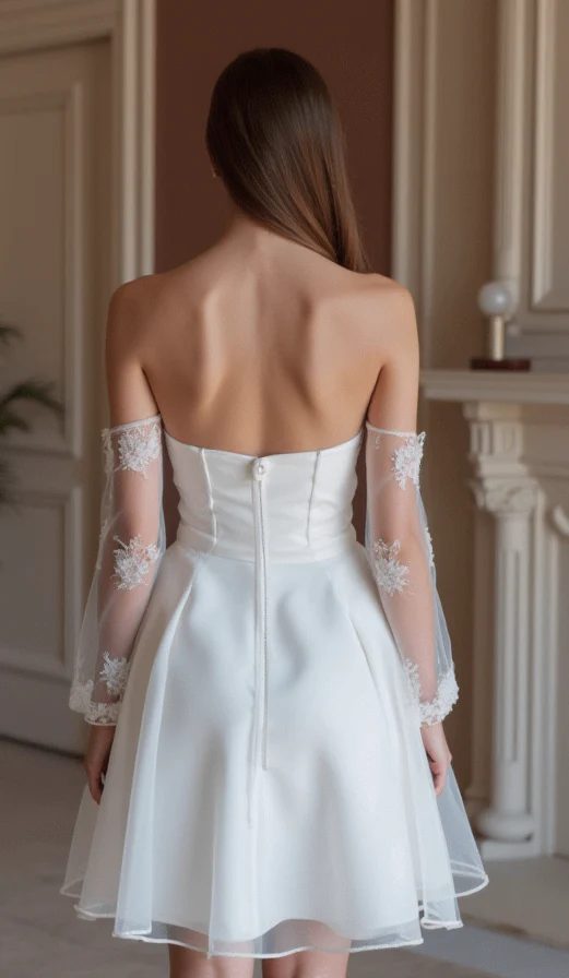 Classic White Mini Short Wedding Dress with a Wide V-Neck for an Elegant Look - Image 3