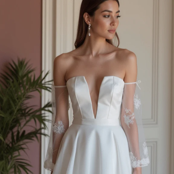 Classic White Mini Short Wedding Dress with a Wide V-Neck for an Elegant Look - Image 4