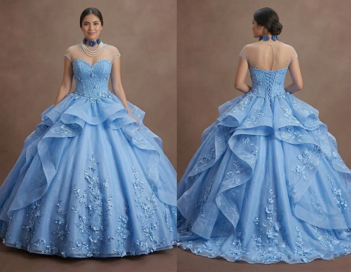 Cornflower Blue Quinceañera Dress with Floral Organza