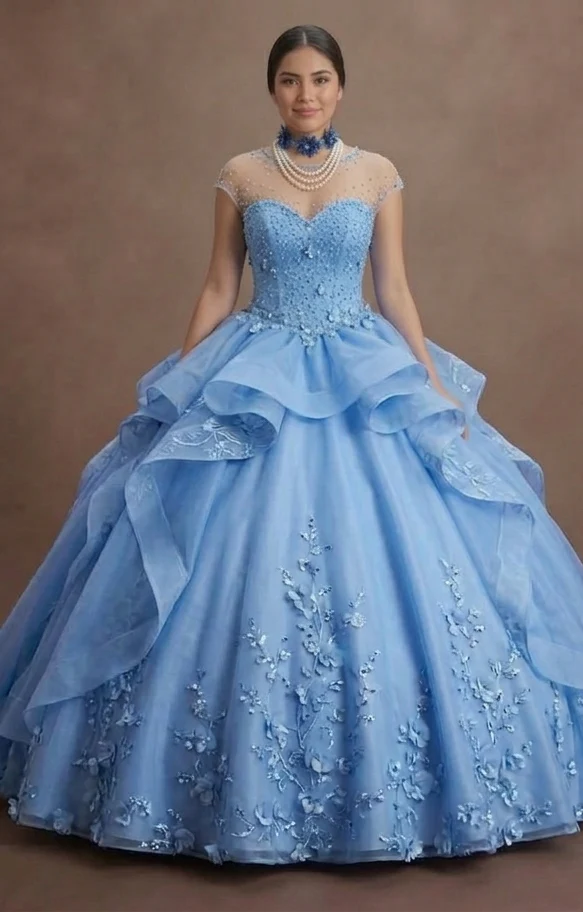 Cornflower Blue Quinceañera Dress with Floral Organza - Image 2