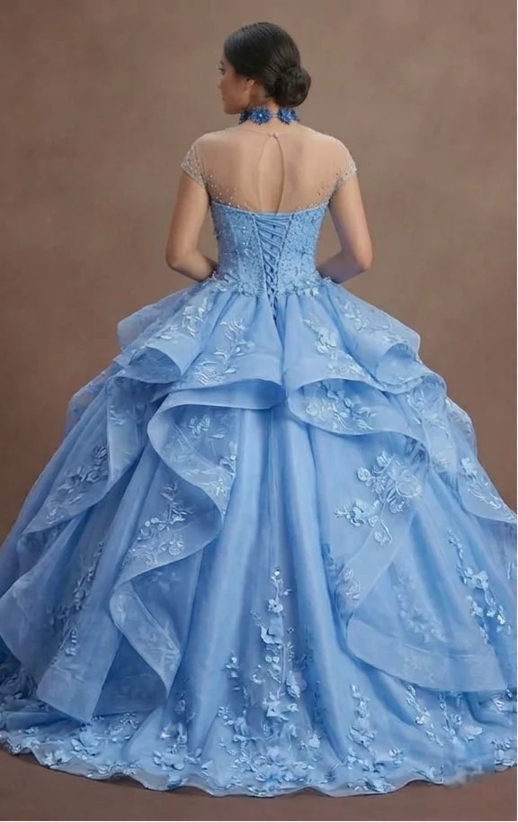 Cornflower Blue Quinceañera Dress with Floral Organza - Image 3