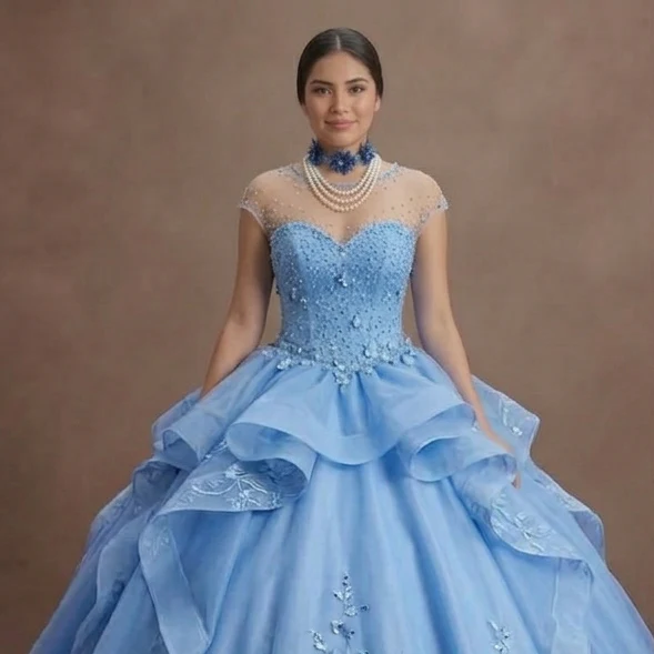 Cornflower Blue Quinceañera Dress with Floral Organza - Image 4