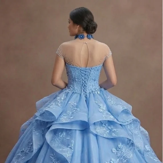 Cornflower Blue Quinceañera Dress with Floral Organza - Image 5