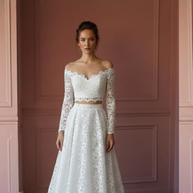 Two Piece Wedding Dress Crop Top Long Lace Skirt Bohemian - Image 4