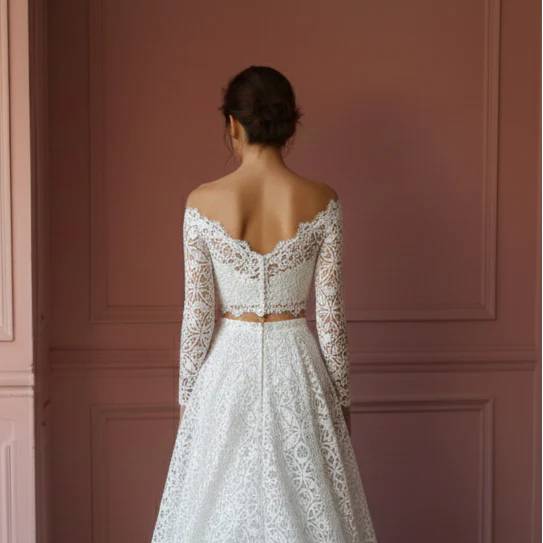 Two Piece Wedding Dress Crop Top Long Lace Skirt Bohemian - Image 5