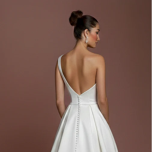 One Shoulder Wedding Dress Grecian Long Satin Bridal Gown - Image 5