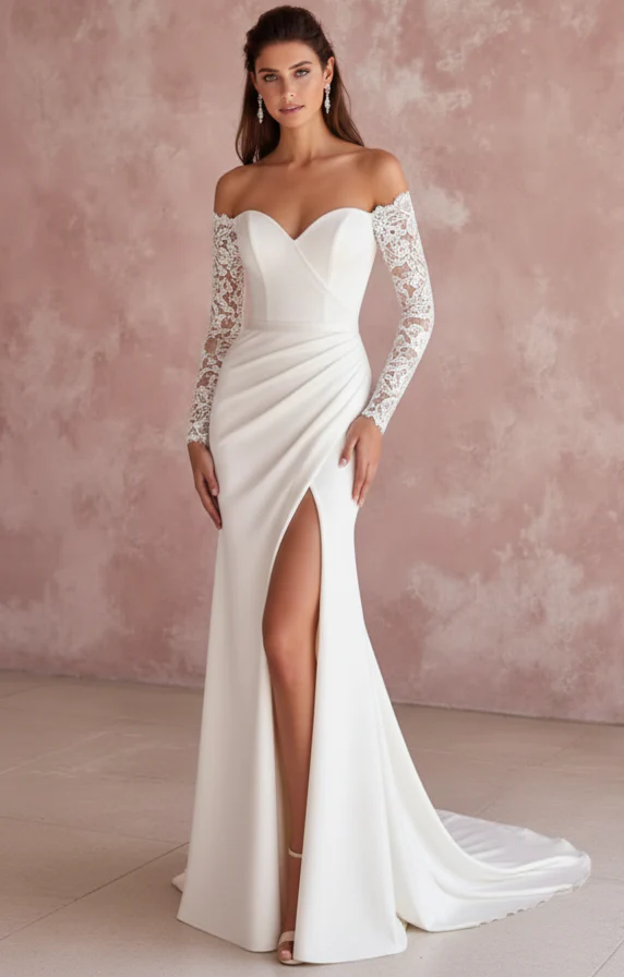 Beaded Sleeve Wedding Dress Simple Long Classic Bridal Wear - Image 2