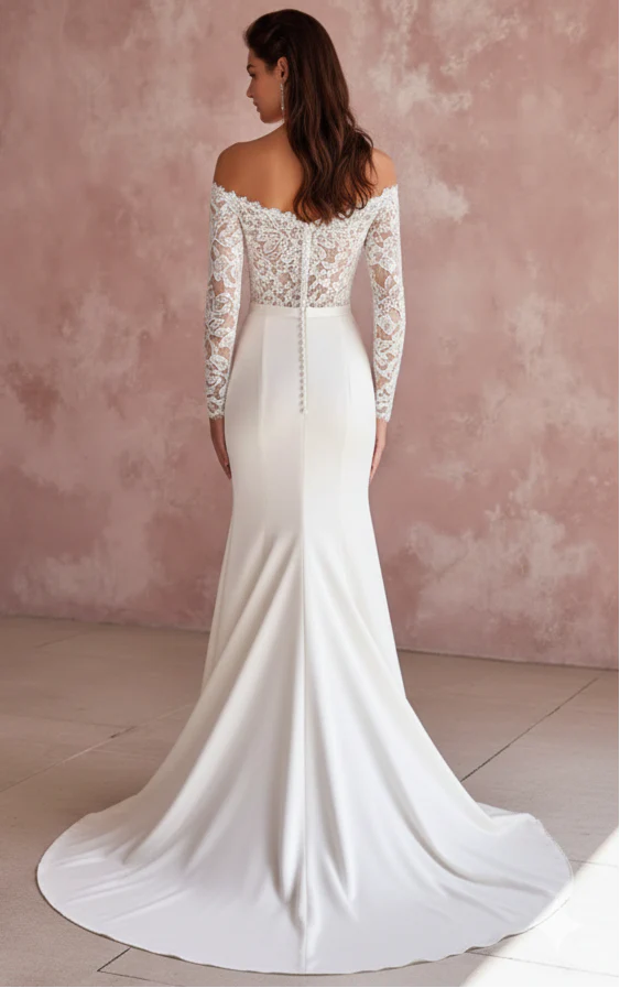 Beaded Sleeve Wedding Dress Simple Long Classic Bridal Wear - Image 3