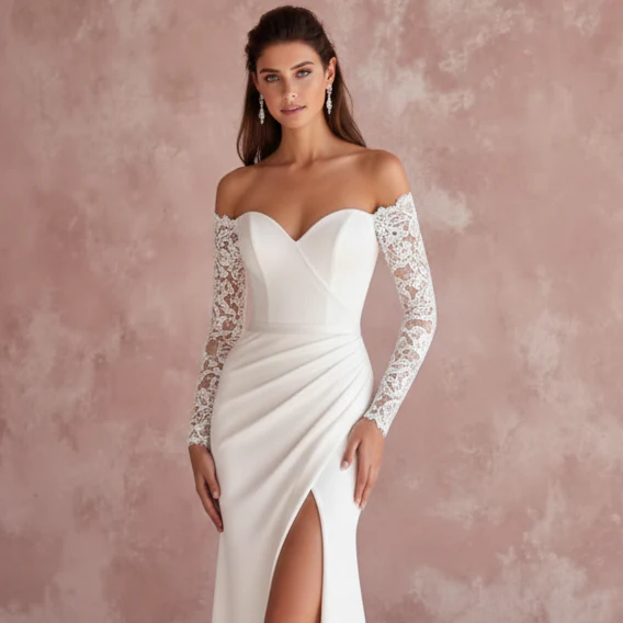 Beaded Sleeve Wedding Dress Simple Long Classic Bridal Wear - Image 4