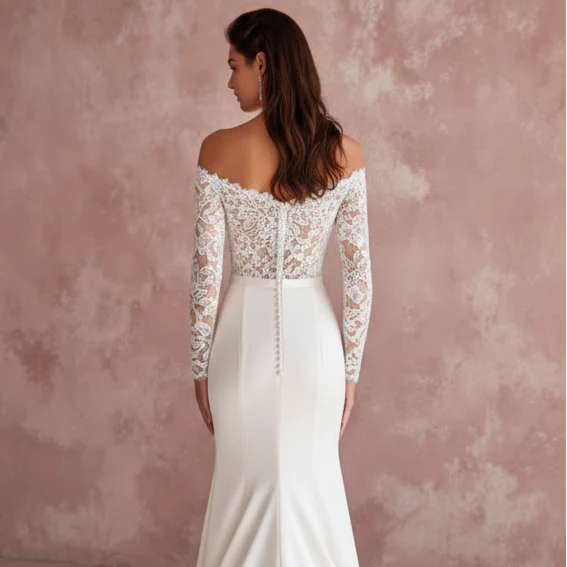 Beaded Sleeve Wedding Dress Simple Long Classic Bridal Wear - Image 5