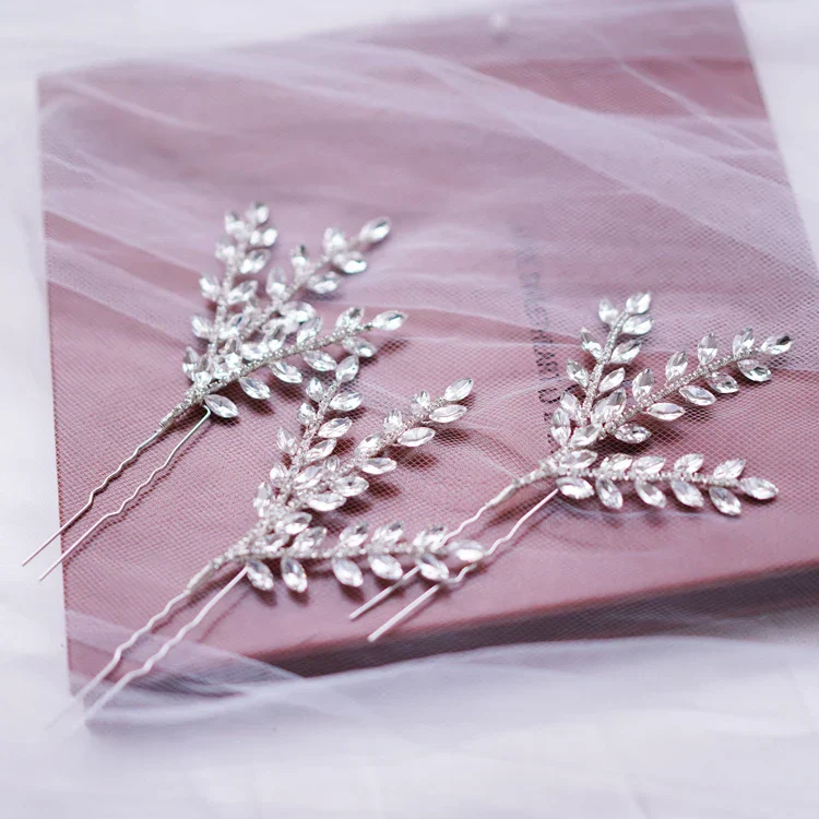 Crystal Rhinestones Hair Pin Clip Leaf Hairpin For Brides Bridesmaids Silver Color Head Piece Wedding Accessories Bridal Jewelry - Image 6
