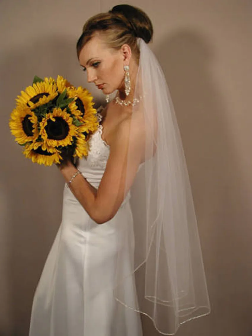 Crystal Wedding Veil 1 Layer Fingertip Length Bridal Veil in White, Ivory ,Off-white
