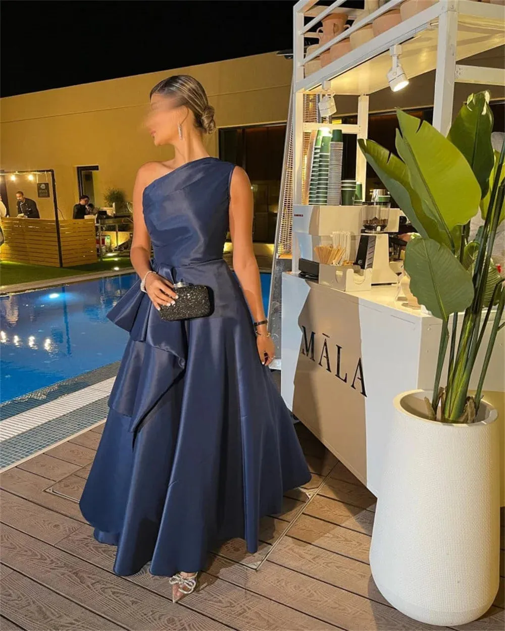 Dark Blue One Shoulder A-line Satin Prom Dresses Elegant Sleeveless Ankle-Length Formal Evening Dress - Image 4