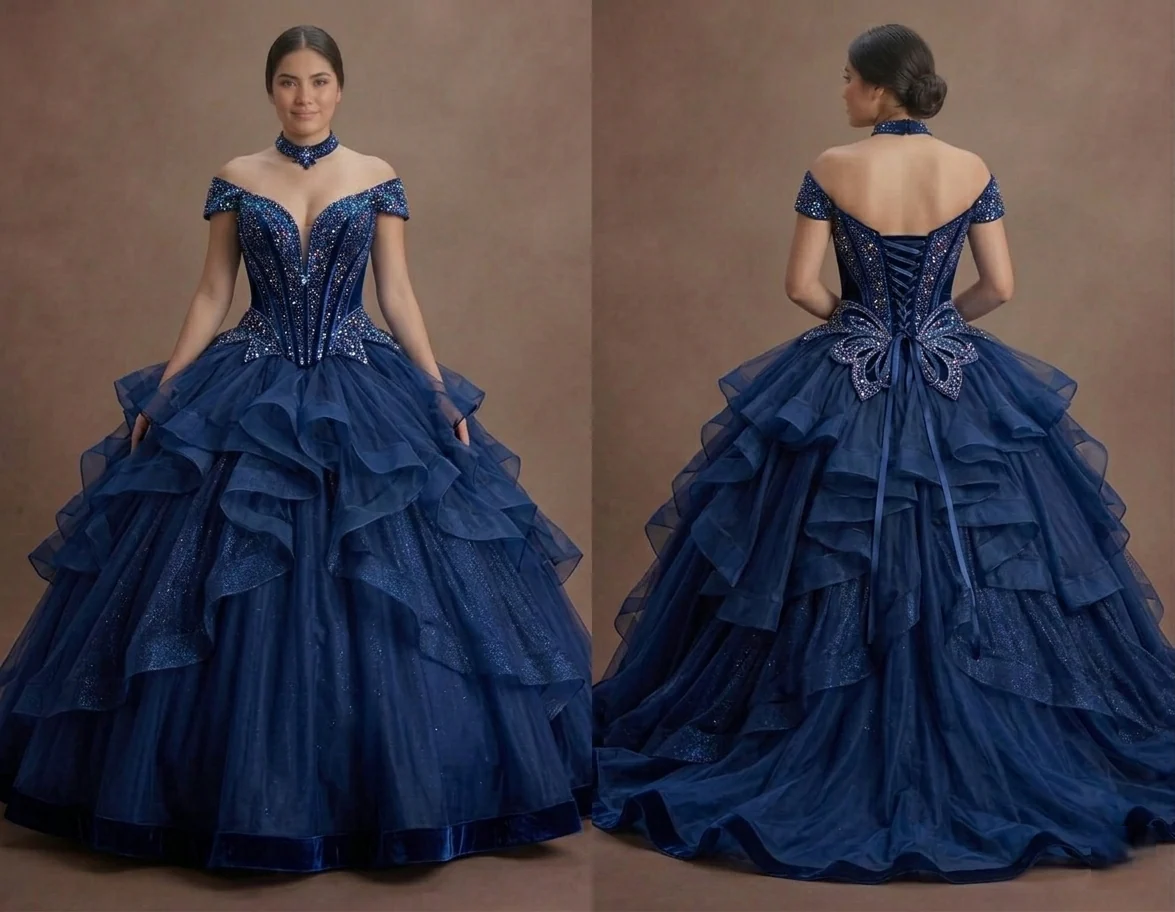 Dark Blue Quinceañera Dress Glittering Corset Design