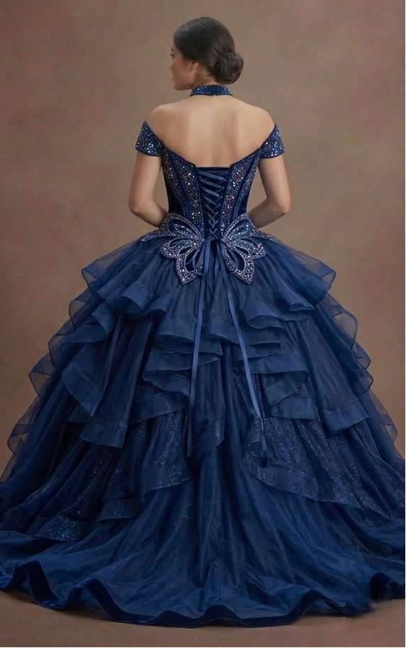 Dark Blue Quinceañera Dress Glittering Corset Design - Image 3