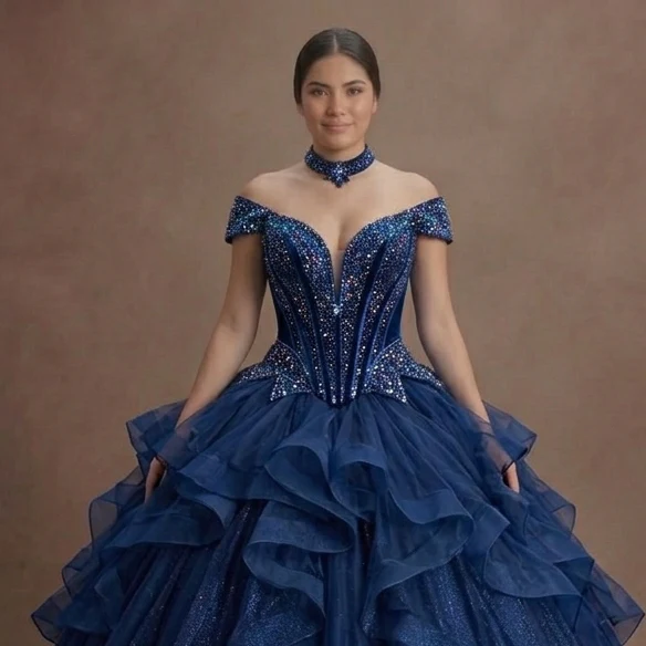 Dark Blue Quinceañera Dress Glittering Corset Design - Image 4