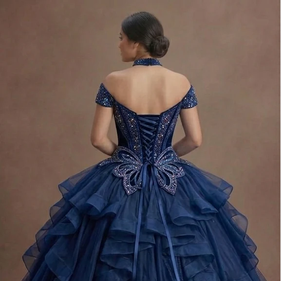 Dark Blue Quinceañera Dress Glittering Corset Design - Image 5