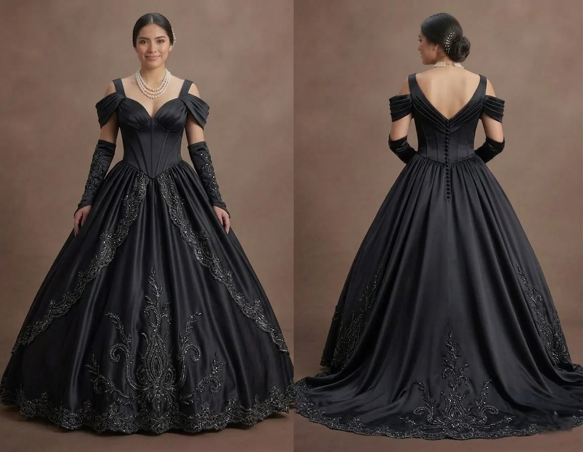 Dark Empress Black Quinceañera Dress in Heavy Satin