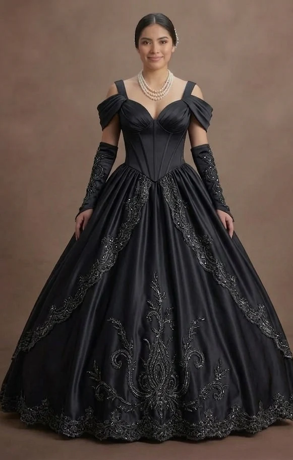 Dark Empress Black Quinceañera Dress in Heavy Satin - Image 2