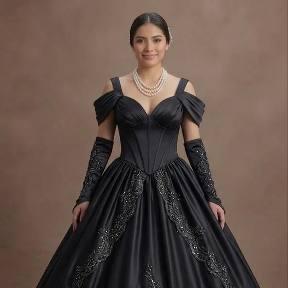 Dark Empress Black Quinceañera Dress in Heavy Satin - Image 4