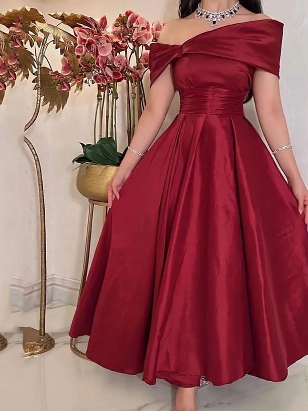 Dark Red Midi Prom Dresses Taffeta Off Sleeves Ankle-Length Length Arabic Dubai Formal Party Gowns Evening Gowns - Image 3