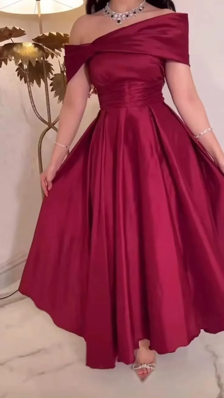 Dark Red Midi Prom Dresses Taffeta Off Sleeves Ankle-Length Length Arabic Dubai Formal Party Gowns Evening Gowns - Image 4