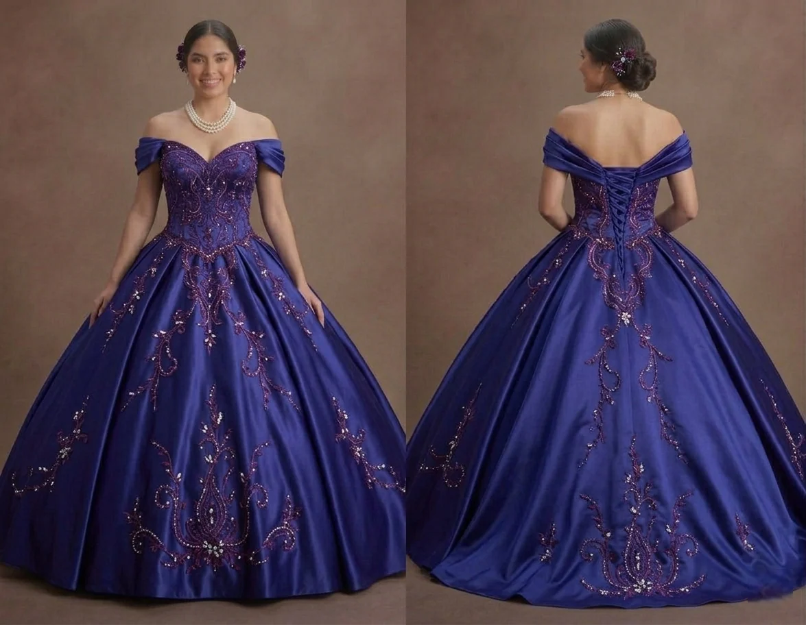 Deep Purple Quinceañera Gown in Royal Satin Fabric