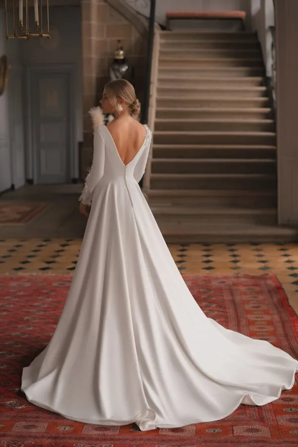Deep V Neck Long Sleeve Crepe A Line Wedding Dress Elegant Flowers Open Floor Length Court Train Bridal Gown - Image 2