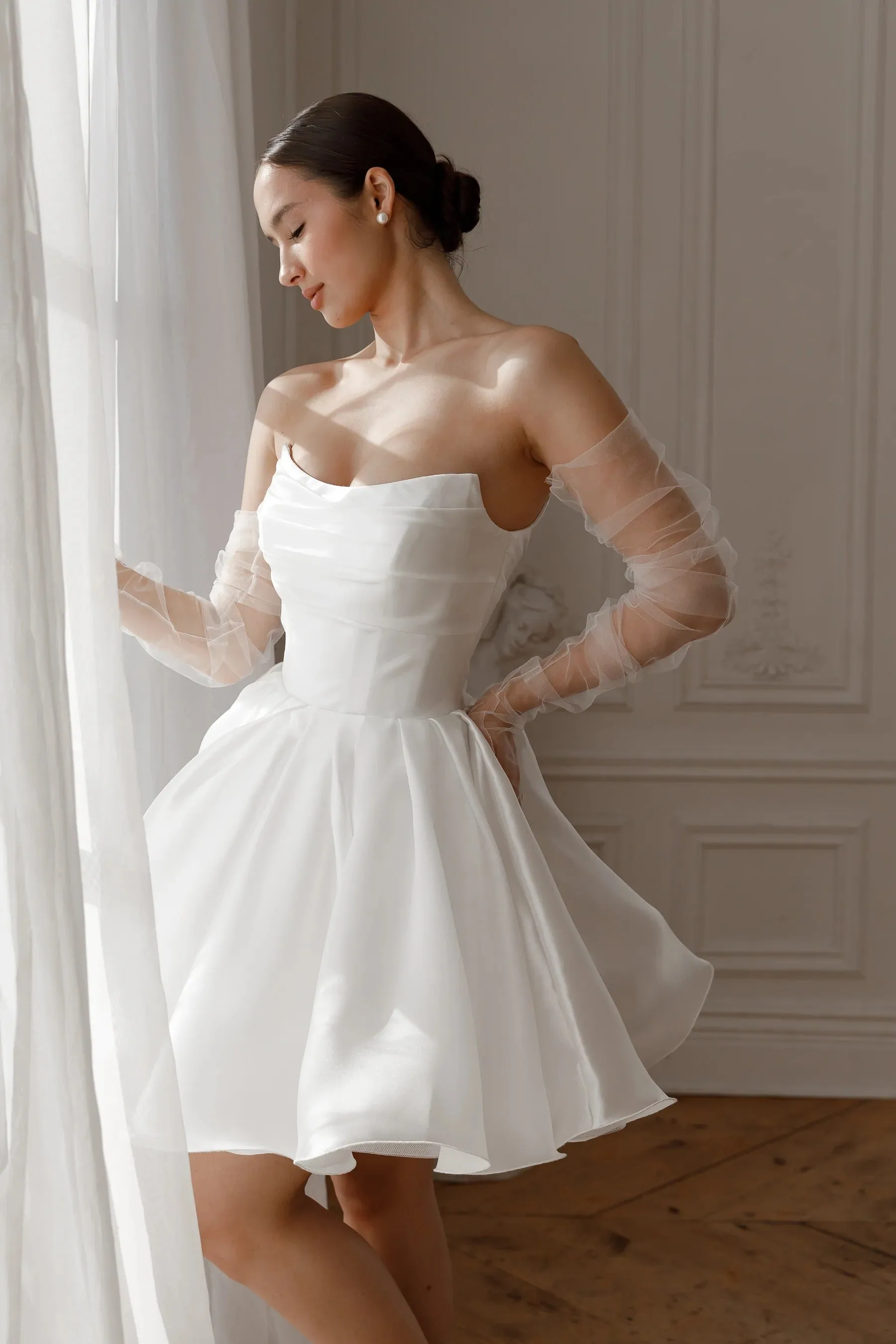 Short Wedding Dress with Detachable Straps Modern Mermaid Princess Gown Bow Court Train Dress Satin Vestido De Novia - Image 14
