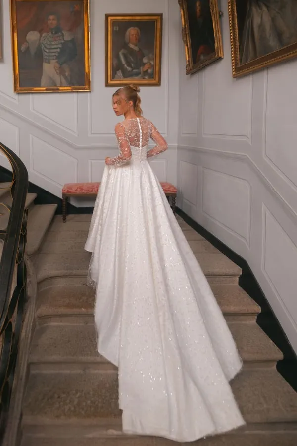 Design Classic Scoop Neck Long Sleeve A-Line Wedding Dress Exquisite Pearls Lace Sweep Train Princess Bridal Gown Customize - Image 4