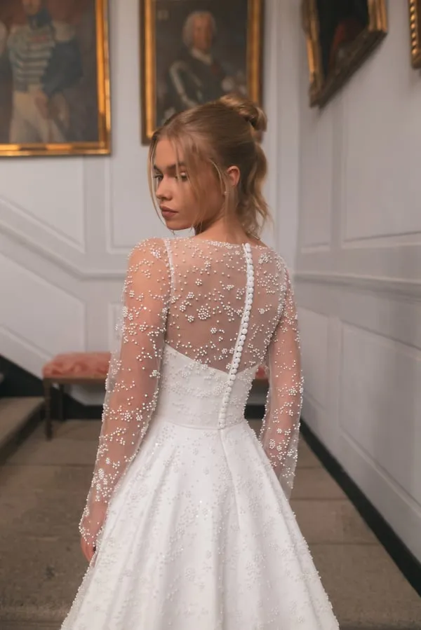Design Classic Scoop Neck Long Sleeve A-Line Wedding Dress Exquisite Pearls Lace Sweep Train Princess Bridal Gown Customize - Image 5