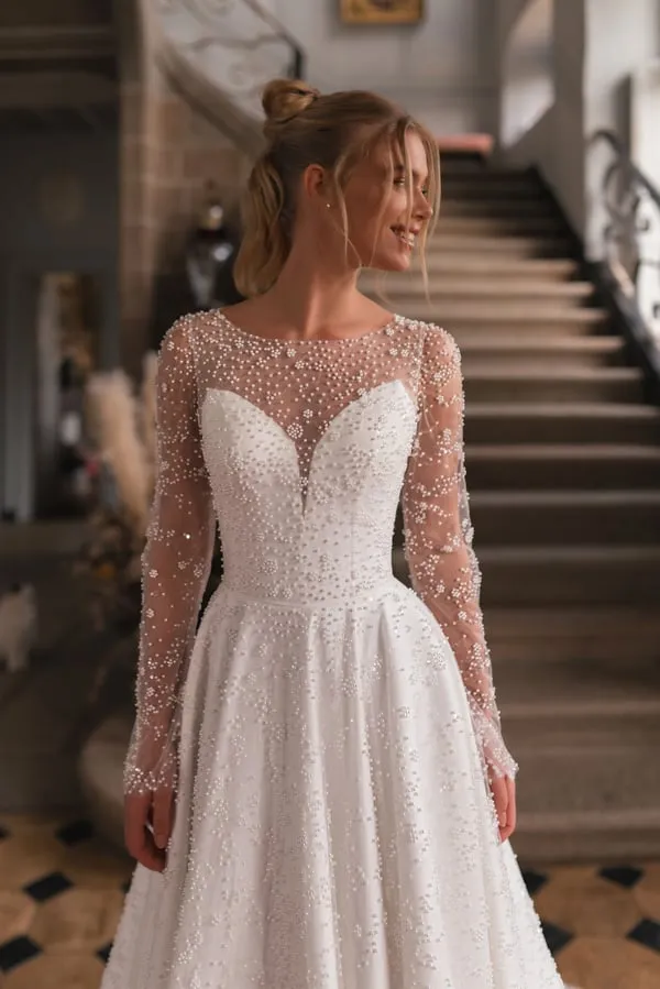 Design Classic Scoop Neck Long Sleeve A-Line Wedding Dress Exquisite Pearls Lace Sweep Train Princess Bridal Gown Customize - Image 6