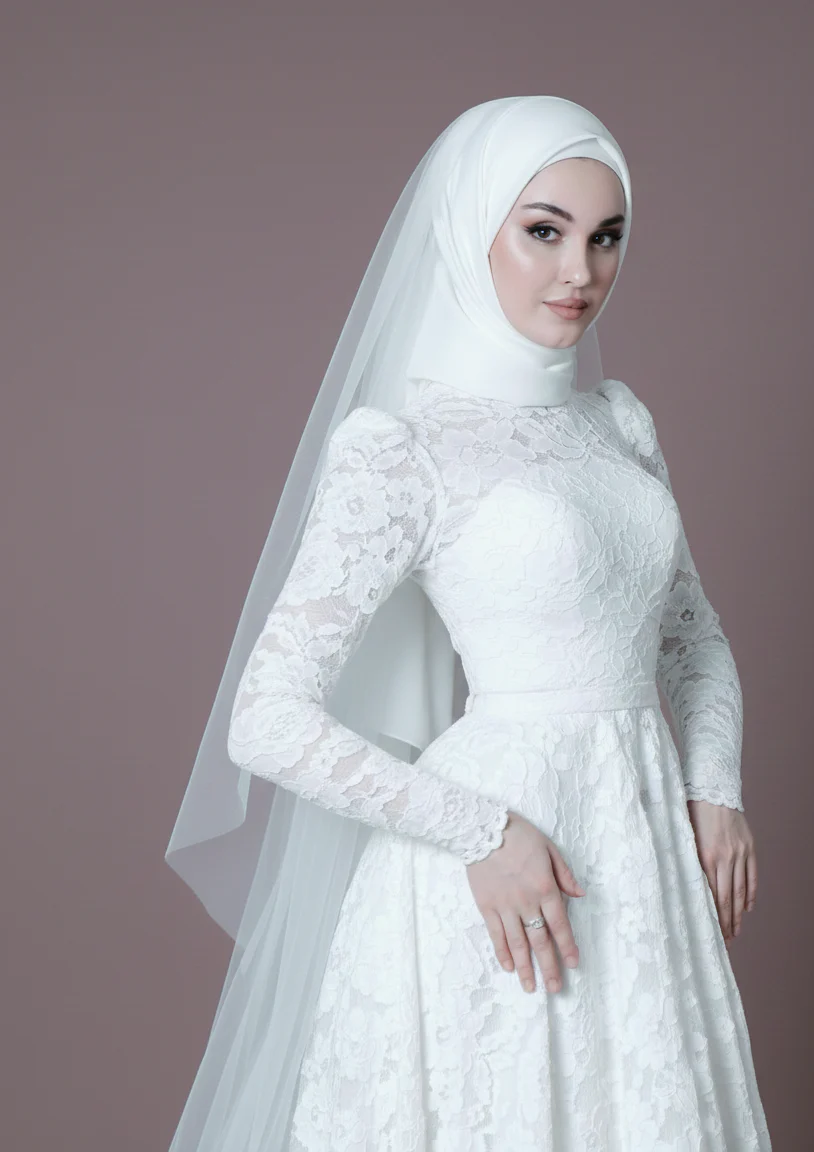 Long Sleeve Muslim Wedding Dress Embroidered Modest Scalloped Edge - Image 2