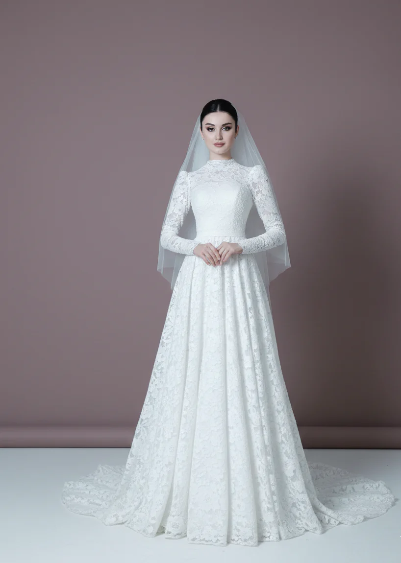Long Sleeve Muslim Wedding Dress Embroidered Modest Scalloped Edge - Image 3