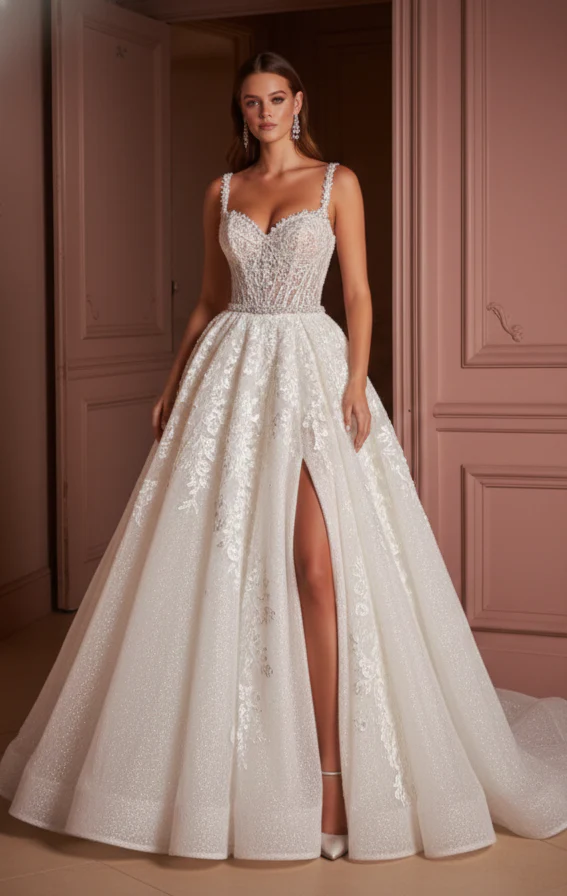 Ball Gown Sleeve Wedding Dress Classic Long Tulle Bridal Look - Image 2