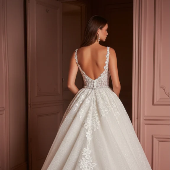 Ball Gown Sleeve Wedding Dress Classic Long Tulle Bridal Look - Image 5