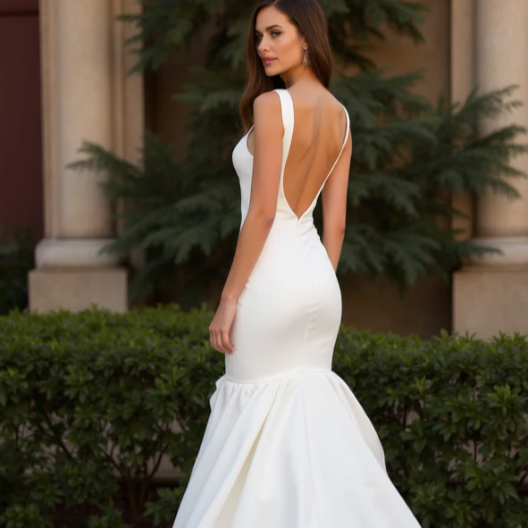 Dramatic White Mermaid Wedding Dress with Floral Lace Appliqué for a Chic Style - Image 5