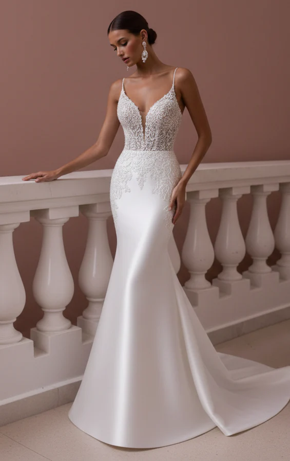 Elegant Wedding Dress Luxury Satin Long Mermaid Bridal Gown - Image 2