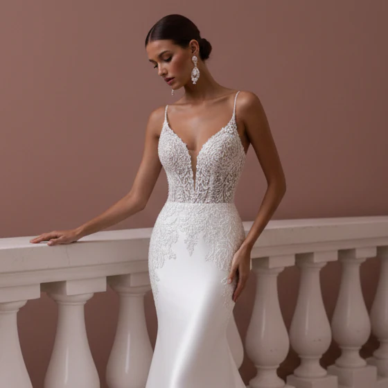 Elegant Wedding Dress Luxury Satin Long Mermaid Bridal Gown - Image 4