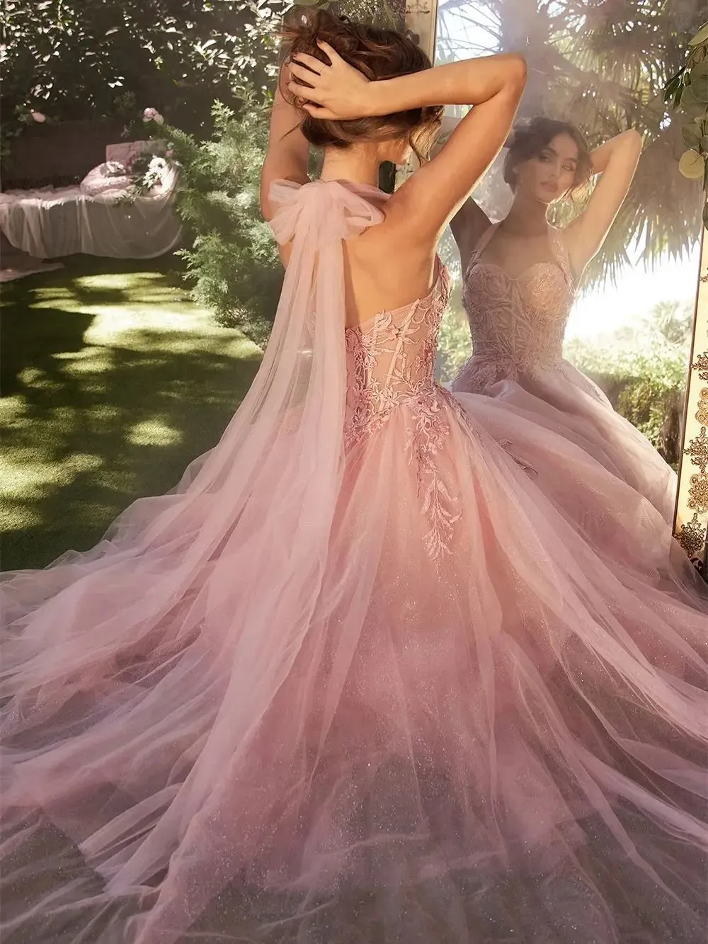 Dusty Pink Vestido De Novia Princess Off Shoulder Evening Dress Sweet Shiny Lace A-line Tulle Prom Dress - Image 6