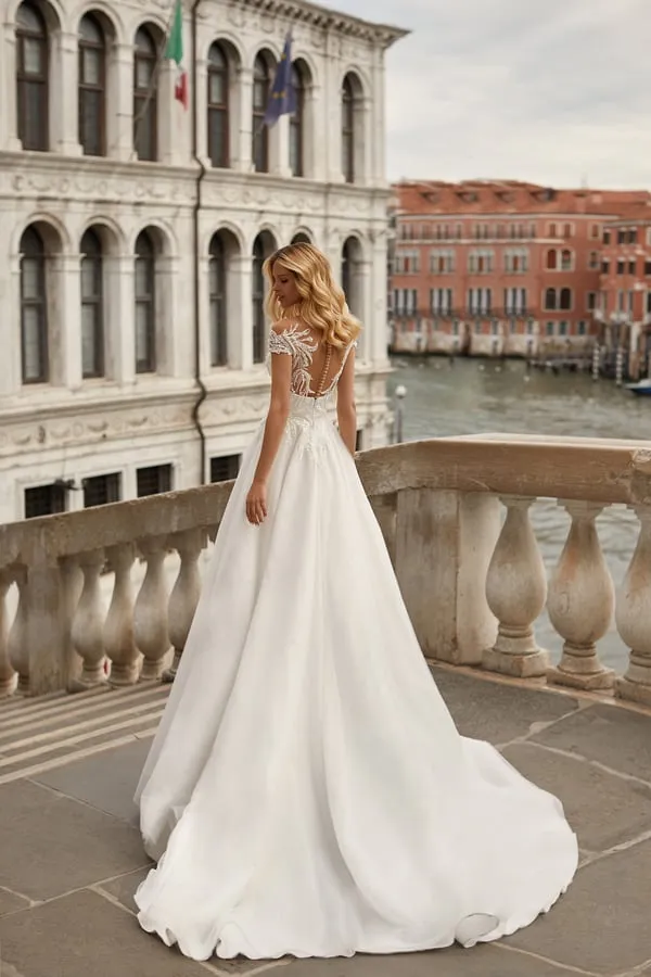 Elegant A-Line Marriage Dress with Dropped Straps, Deep Neckline, and Application Embellishments, Featuring a Natural Waistline for a Stunning Bridal Look - Image 2