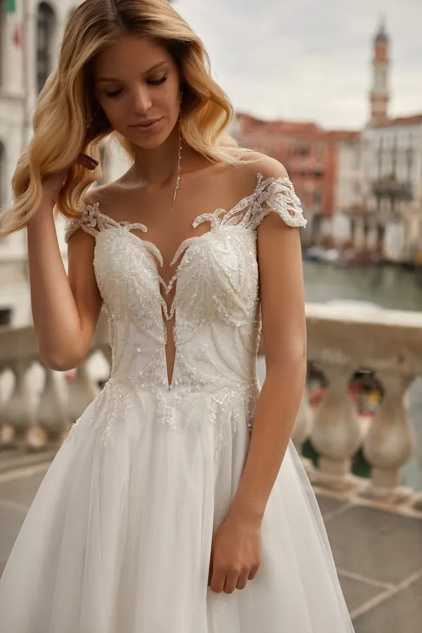Elegant A-Line Marriage Dress with Dropped Straps, Deep Neckline, and Application Embellishments, Featuring a Natural Waistline for a Stunning Bridal Look - Image 3