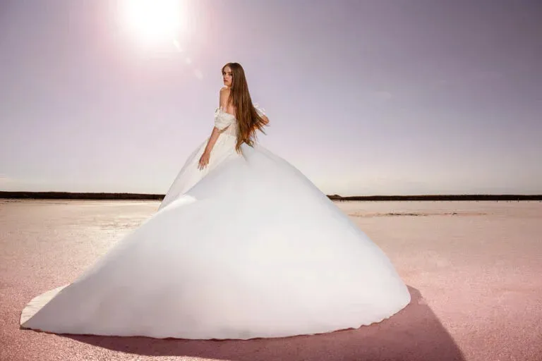 Elegant A-Line Marriage Gown with Off-the-Shoulder Sleeves and Off-Shoulder Neckline, Designed with a Flattering Natural Waistline for a Graceful and Timeless Bridal Look - Image 2