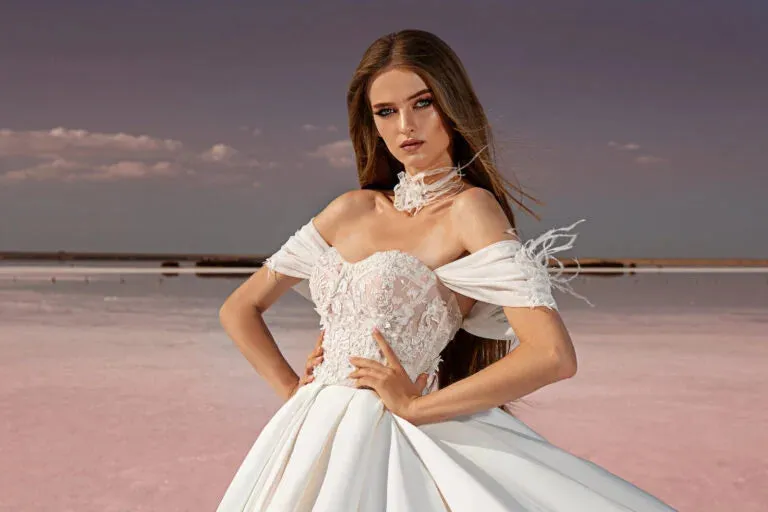 Elegant A-Line Marriage Gown with Off-the-Shoulder Sleeves and Off-Shoulder Neckline, Designed with a Flattering Natural Waistline for a Graceful and Timeless Bridal Look - Image 3