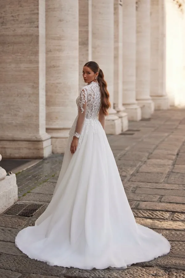 Elegant A-Line Wedding Dress with Illusion Sleeves, High Neckline, and Exquisite Embellishments - Image 2