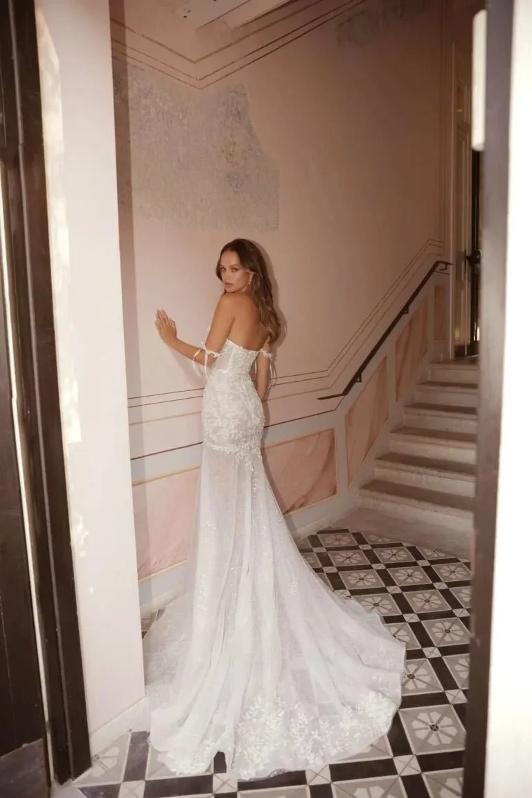 Elegant A-Line Wedding Dress with Lace Embellishments, V-Neckline, and Delicate Straps – Romantic Floral Appliques Bridal Gown - Image 2