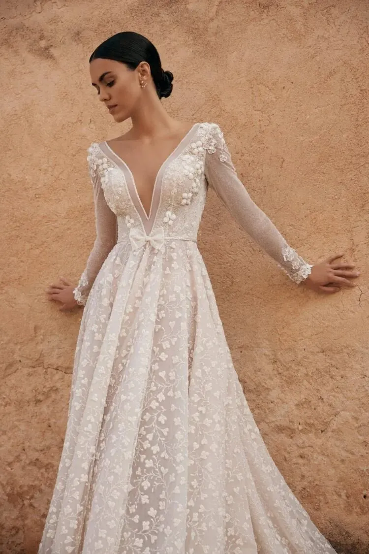 Elegant A-Line Wedding Dresses Deep V Neck Long Sleeves Bridals Party Gowns with Train Brides Evening Dresses for Women - Image 3