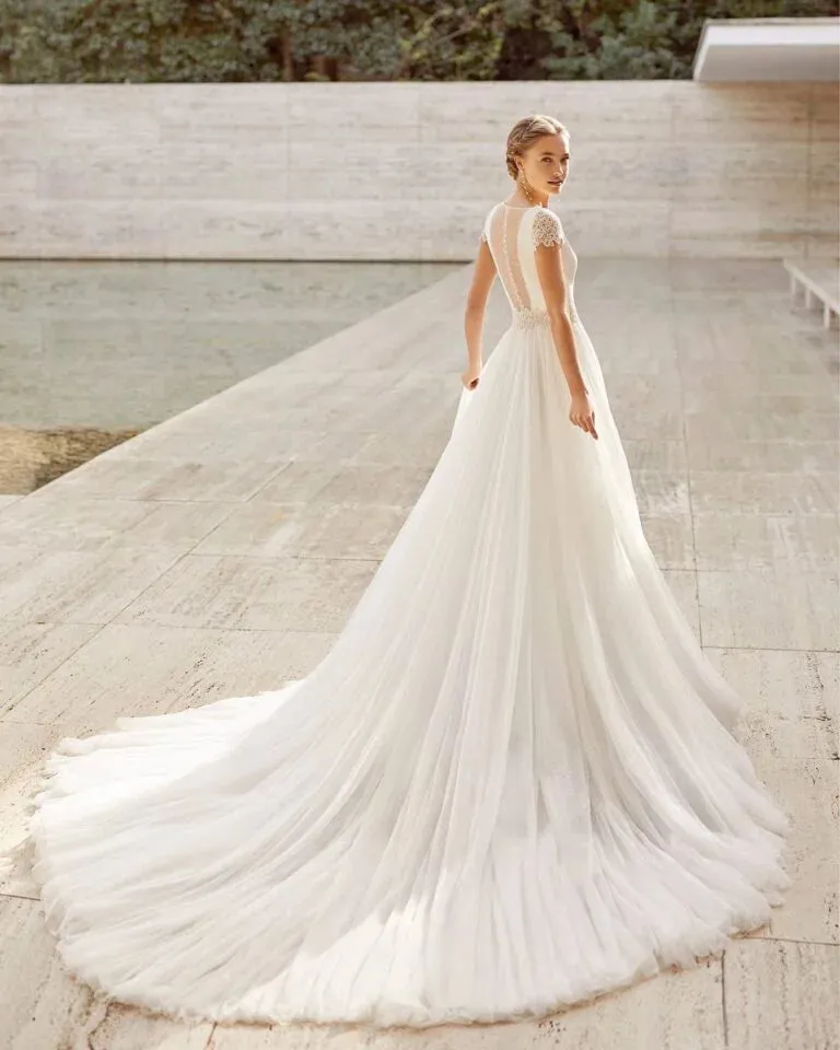 Elegant A-Line Wedding Gown with Delicate Cap Sleeves, V-Neckline, and a Flattering Natural Waistline for a Timeless Bridal Look - Image 3