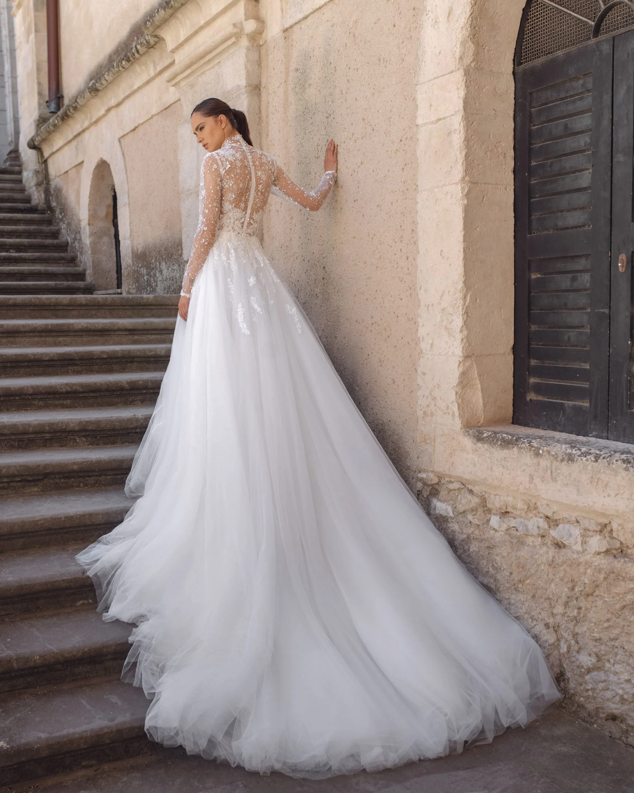 Elegant A-Line Wedding Gown with Sequin Lace, High Neckline, and Long Sleeves for a Sophisticated and Timeless Bridal Look - Image 2
