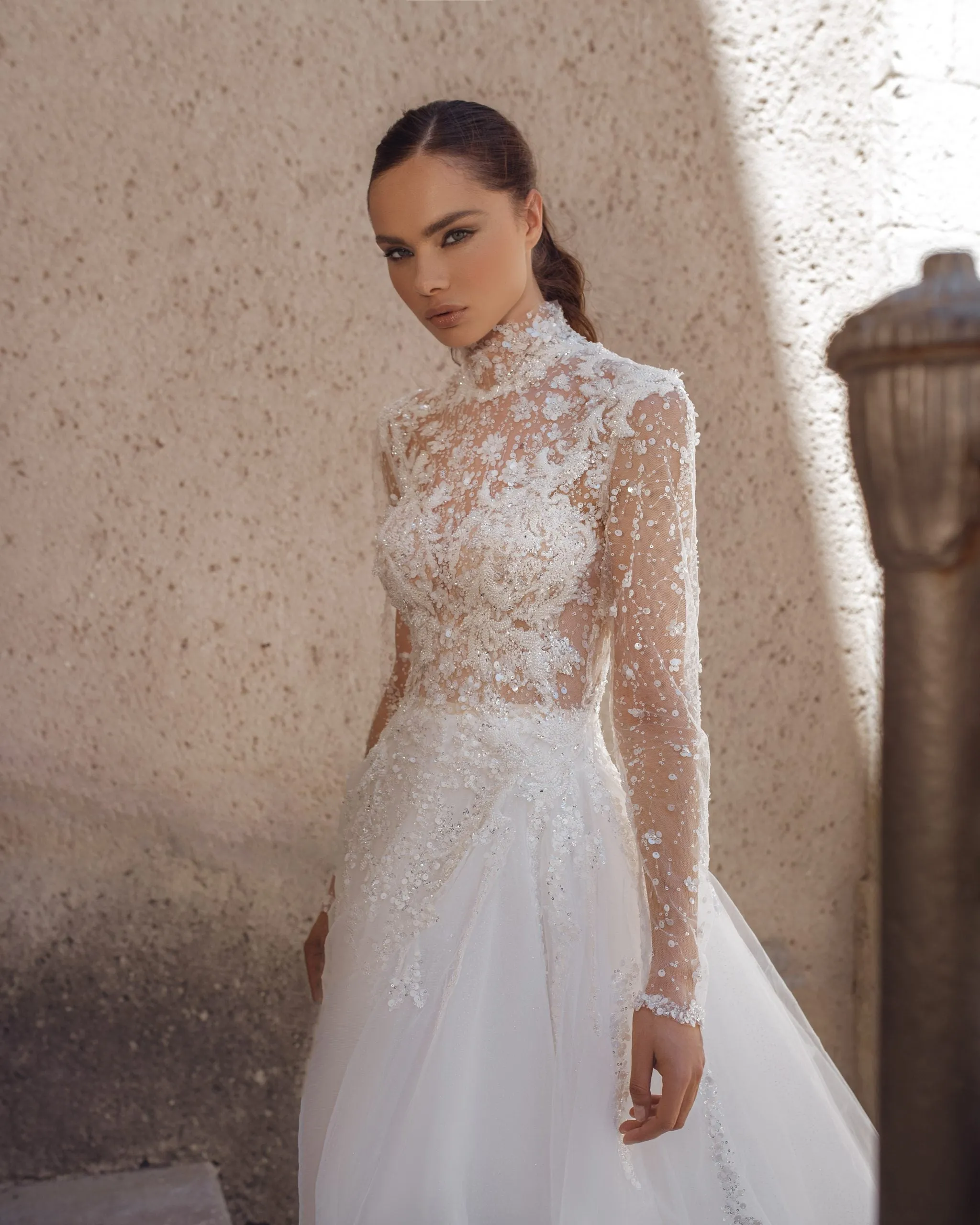 Elegant A-Line Wedding Gown with Sequin Lace, High Neckline, and Long Sleeves for a Sophisticated and Timeless Bridal Look - Image 3
